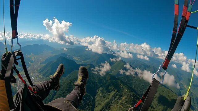 First person view of paraglider flying high above mountain valley town with dramatic clouds and panoramic alpine landscape
