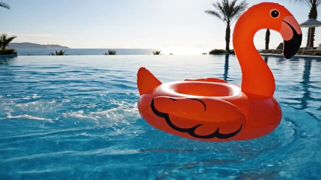Inflatable flamingo floats in swimming pool