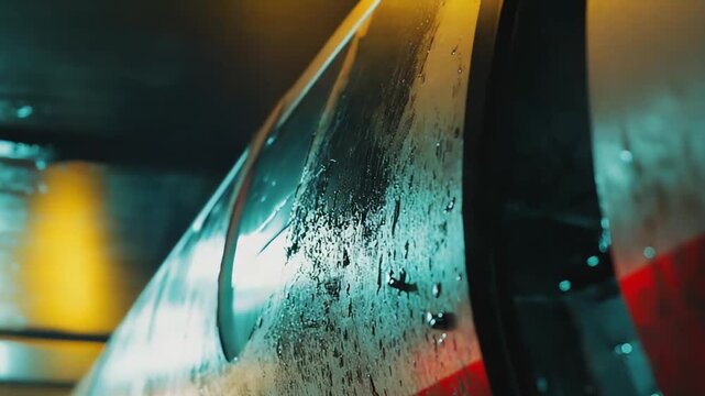 Moving train side capturing water droplets and streaks on its surface, illuminated by urban blue and warm light, creating an abstract and dynamic pattern