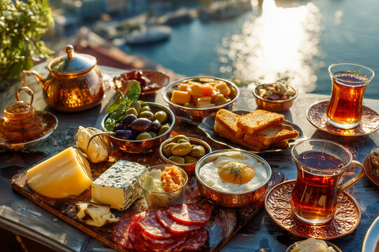  lavish breakfast spread with various small dishes of olives cheese and honey on sunny terrace with sea view