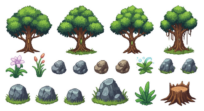 A collection of stylized pixel art assets featuring various trees, rocks, plants, and a tree stump, suitable for game environments.