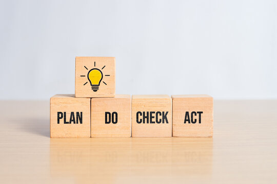 Cubes dice with lightbulb and PDCA concept. Plan Do Check Act on wooden background