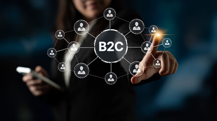 Fototapeta premium B2C strategy focus on delivery products directly to consumer. Successful B2C model enhance consumer engagement, streamline B2C logistics, and boost consumer satisfaction through digital retail. Spline