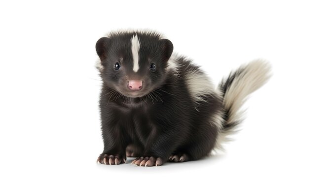 Cute baby skunk looking at camera on white background