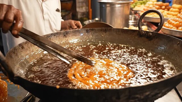 Elderly Man Prepares Golden Jalebi Frying Sweet Pastry in Hot Oil Outdoor Market