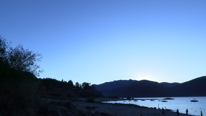 Lake Caburgua shore sunset landscape, Pucon, Chile