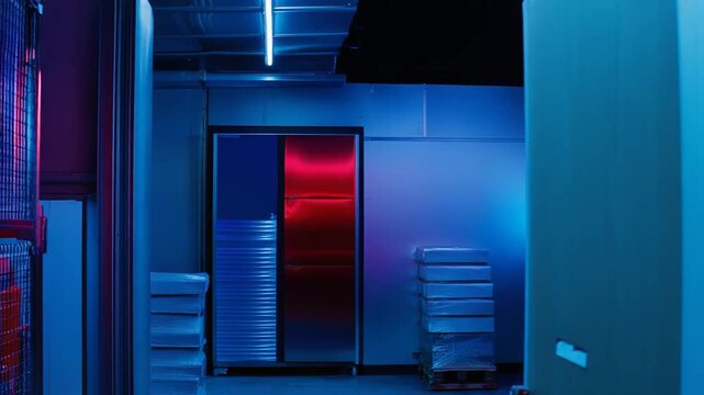 Illuminating an industrial or data server room with contrasting blue and red neon light creates a vibrant, futuristic atmosphere highlighting technology, storage, and dark, cool spaces
