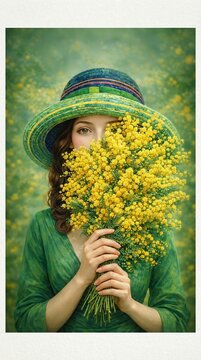 Vintage postcard. A dreamy young woman with brown wavy hair, She wears an elegant wide-brimmed hat Her dress is flowing emerald-green silk with subtle watercolour texture and soft folds