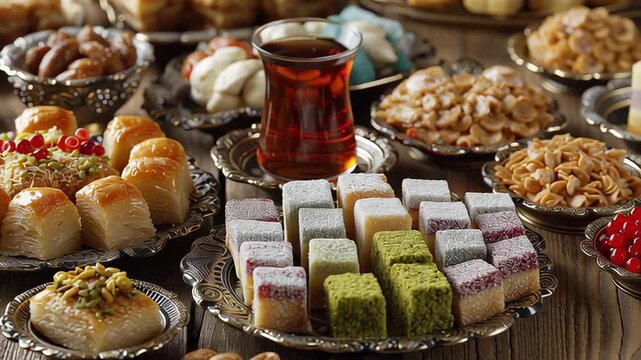 Traditional Turkish sweets and pastries served with tea, including baklava and colorful lokum on ornate plates