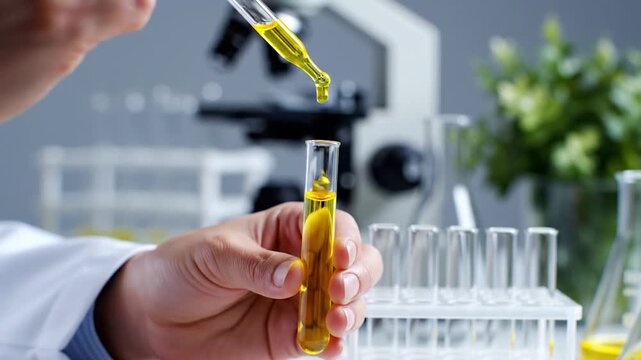 Laboratory scientist analyzing yellow liquid in test tube