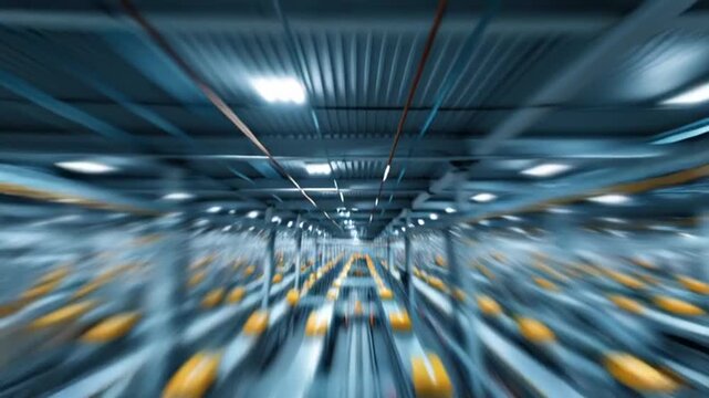 Blurred motion of yellow boxes on industrial conveyor belts in warehouse