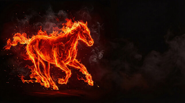 Fiery horse illustration created with flame effects and dramatic lighting, showcasing a horse in motion with glowing orange flames and smoke.