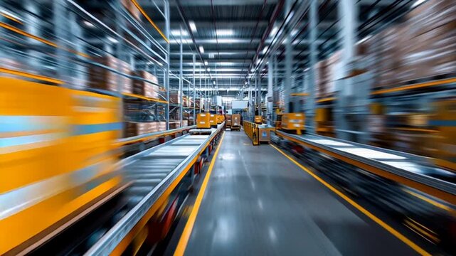 Modern warehouse with automated conveyor belts and forklifts in motion