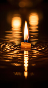 Single small votive candle burns brightly atop dark water, creating concentric rings and a strong vertical light reflection.