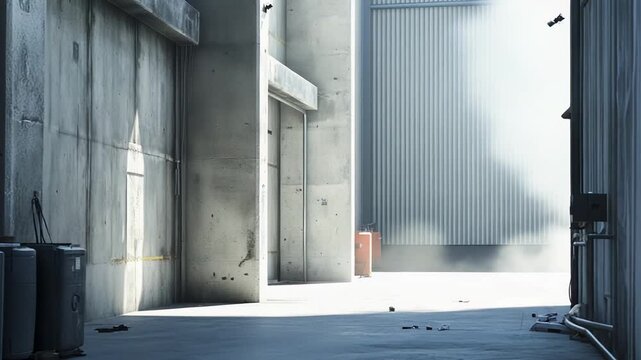 Concrete walls and corrugated metal cladding define an industrial alley basking in strong backlight, creating an atmospheric scene with a focus on urban infrastructure and architecture