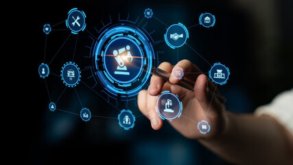 Fototapeta premium Mechanized industry automation and modern production system with robotic arms, gears, tools and loEnticeics for efficient mechanized industry process. Entice