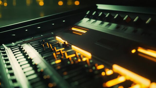 Audio mixing console with illuminated faders and knobs for adjusting sound levels, creating a dynamic visual of music technology and professional studio equipment