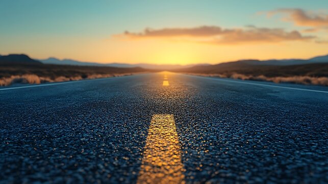 Road to the Horizon: A solitary road stretches towards a stunning sunset, painted with hues of orange and gold, inviting exploration and adventure.