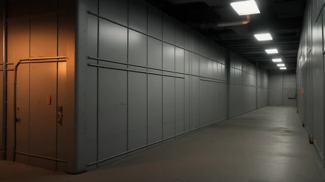 Industrial corridor stretching into the distance with gray walls, showing uniform panels and ceiling lights illuminating the space, creating a sense of isolation