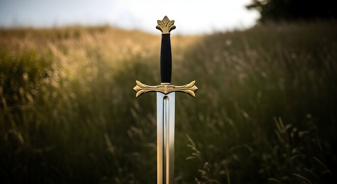 Sword with gold hilt in grassy field