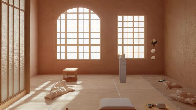 Minimalist room with large windows and tatami mats receiving sun rays, offering a peaceful space for meditation and relaxation embracing wabi sabi principles and natural elements