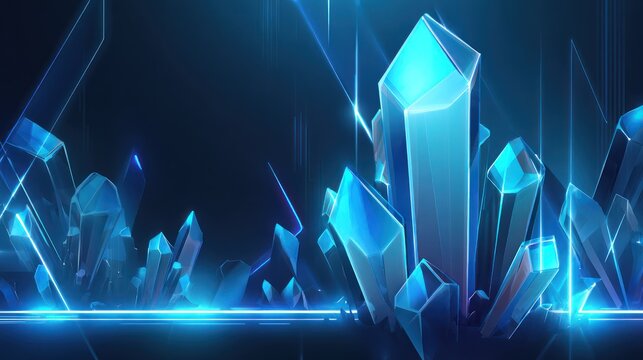 Digital art featuring glowing, geometric crystals in shades of blue against a dark backdrop