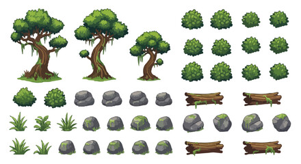 A collection of diverse cartoon-style natural environment assets including trees, bushes, rocks, logs, and various types of grass for game design or illustration. © Aqil Art
