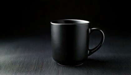 Elegant black mug on dark surface with subtle lighting.