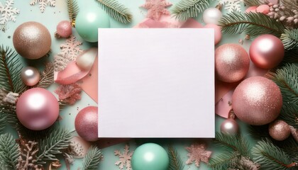 Festive Christmas Flat Lay with Blank Card and Ornaments.