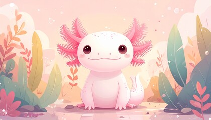 Adorable Axolotl Illustration - A Cute Amphibian in a Dreamy Landscape.