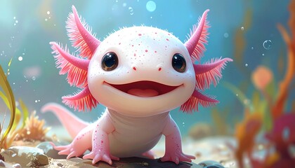 Adorable Axolotl Illustration - A Smiling Amphibian in a Vibrant Underwater World.
