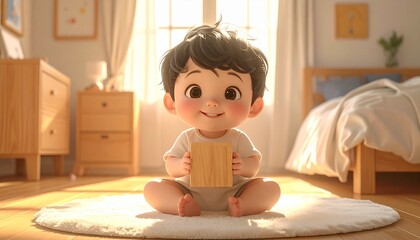 Adorable Baby Enjoying a Snack in a Sunny Room.