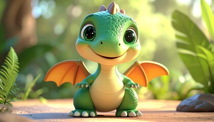 Adorable Baby Dragon Cartoon Character in Lush Green Forest.