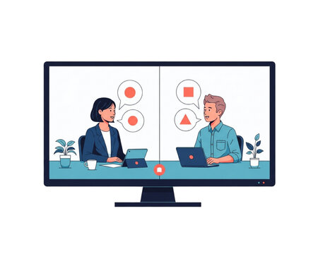 Remote Video Conference on Monitor &ndash; Online Meeting, Virtual Interview, Business Communication, Telework Team Chat, Split Screen Colleagues, Flat Vector Illustration, Transparent Background