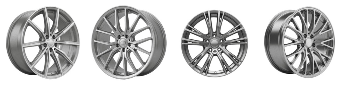 Premium Alloy Car Wheel Rims with Multi-Spoke Metallic Designs Isolated on White Background PNG for Automotive Performance and Style Illustration Design Set Bundle