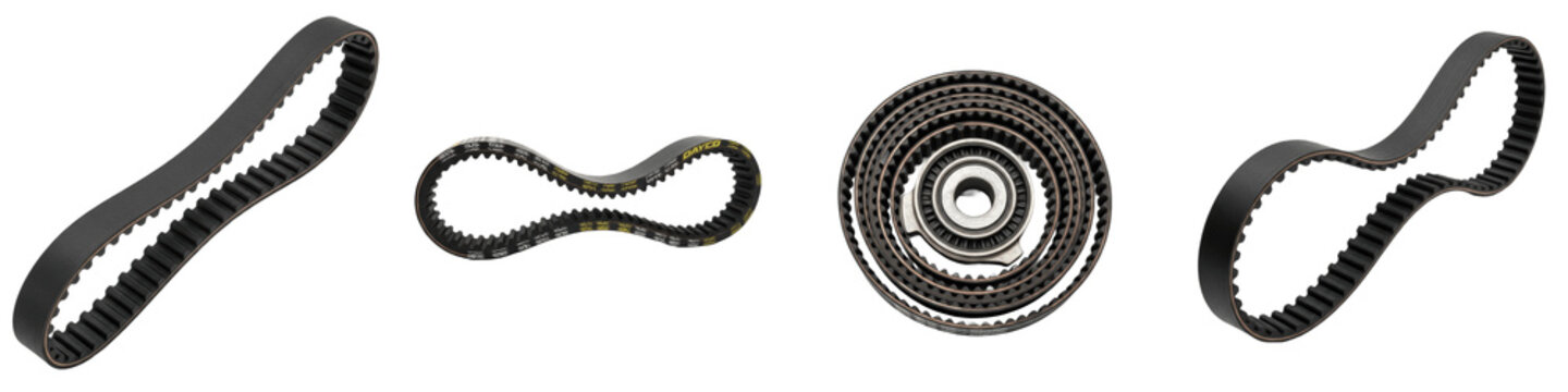 High-Performance Automotive Timing Belt and Serpentine Drive Belt Models Isolated on White Background PNG for Vehicle Engine Maintenance Design Set Bundle