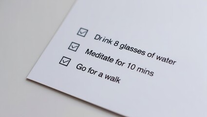 Fototapeta premium Close-up high-angle shot of a white paper with a healthy habit checklist including drinking water, meditation, and walking, with all boxes checked under soft neutral light 