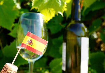 Fototapeta premium Spain wine bottle with glass of white wine on table in vineyard. Spain flag on Grape leaves background. Tasting white wine in Spanish vineyard vines. Spain Drinking Culture. Winery, Winemaking.