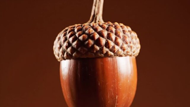 Close-up of a single acorn with a textured cap and smooth body, set against a warm brown background, highlighting its natural beauty and autumnal essence.