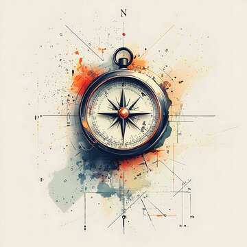 Navigational Compass: A classic compass points the way amidst watercolor splashes and intricate map lines, embodying the spirit of exploration and direction.