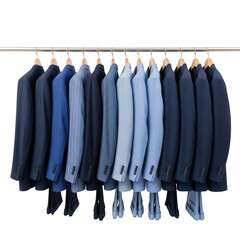 Variety of stylish business suits in shades of blue on a clothing rack