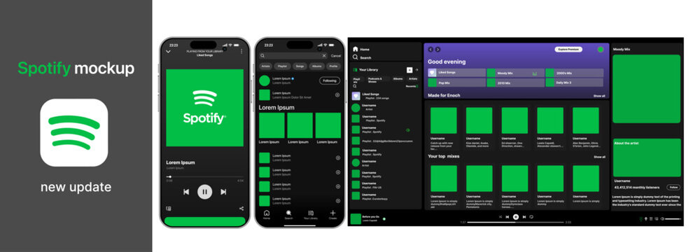 Spotify interface. Social media pages mockup template. Editorial mockup of Spotify interface. Music platform. Spotify music platform interface mockup. White background. Vector icons.	