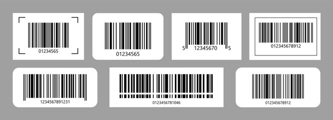 Obraz premium Set of barcode stickers fake with different thick and thin lines. Vertical streaks, strips with random information lines. Abstract geometric texture background for retail, supermarket