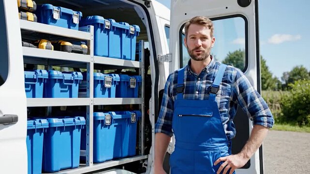 Man presenting van cargo with toolboxes
