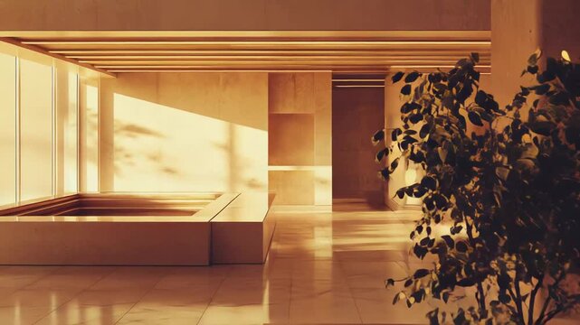 Minimalist architectural interior featuring a tranquil indoor garden with a small tree emerging from a water pool, illuminated by warm sunlight streaming through large windows