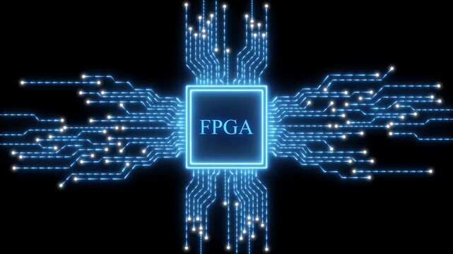 Central processor with FPGA text and glowing blue circuits