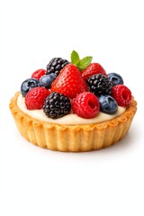 Fresh Fruit Tart with Glazed Berries Isolated on White Background