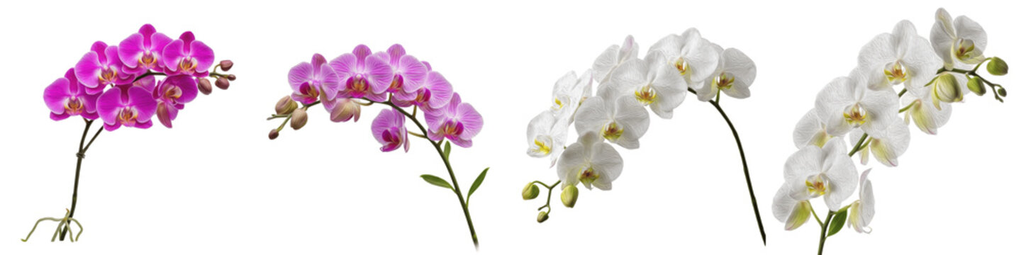 Elegant Phalaenopsis Orchid Branch Collection, Isolated on White Background PNG, Vibrant Pink and White Tropical Blooms, Luxury Floral Decor, Minimalist Macro Studio Photo