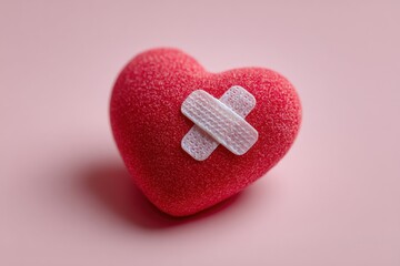 Fototapeta premium Red heart with a bandage on it symbolizes emotional healing, heartbreak, recovery, or love repair, set against a soft pink background.