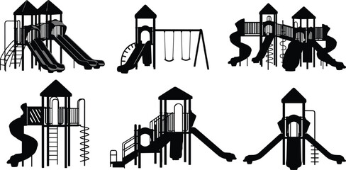 Children playground equipment silhouettes park play structures slide swing vector illustration collection set